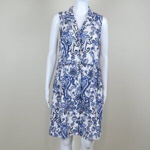 Eliza J Sleeveless Paisley Shirt Dress Linen Blend Pockets SIZE 12 Blue